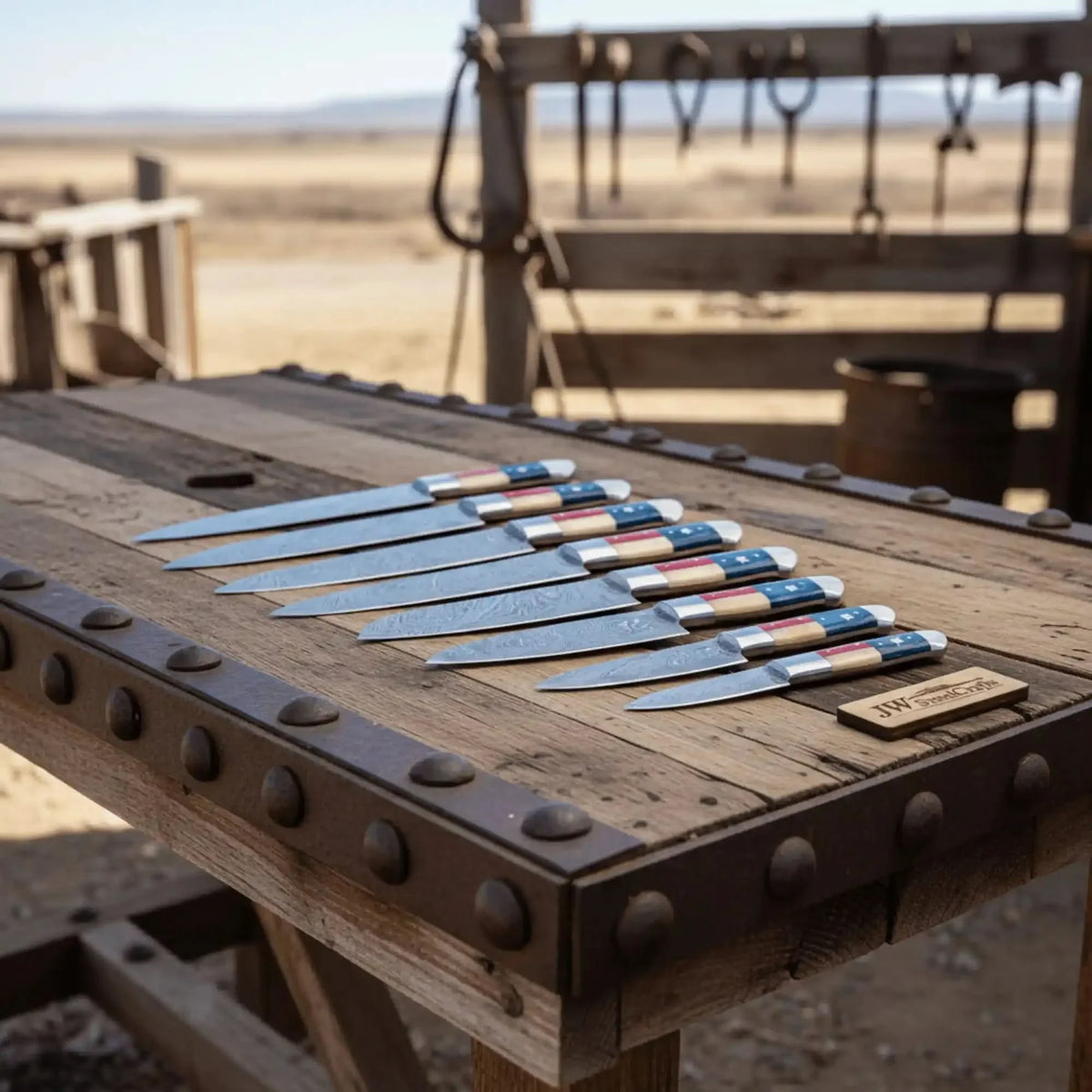 JW SteelCrafts Damascus Knife Set with Texas Flag Handles, 8-Piece