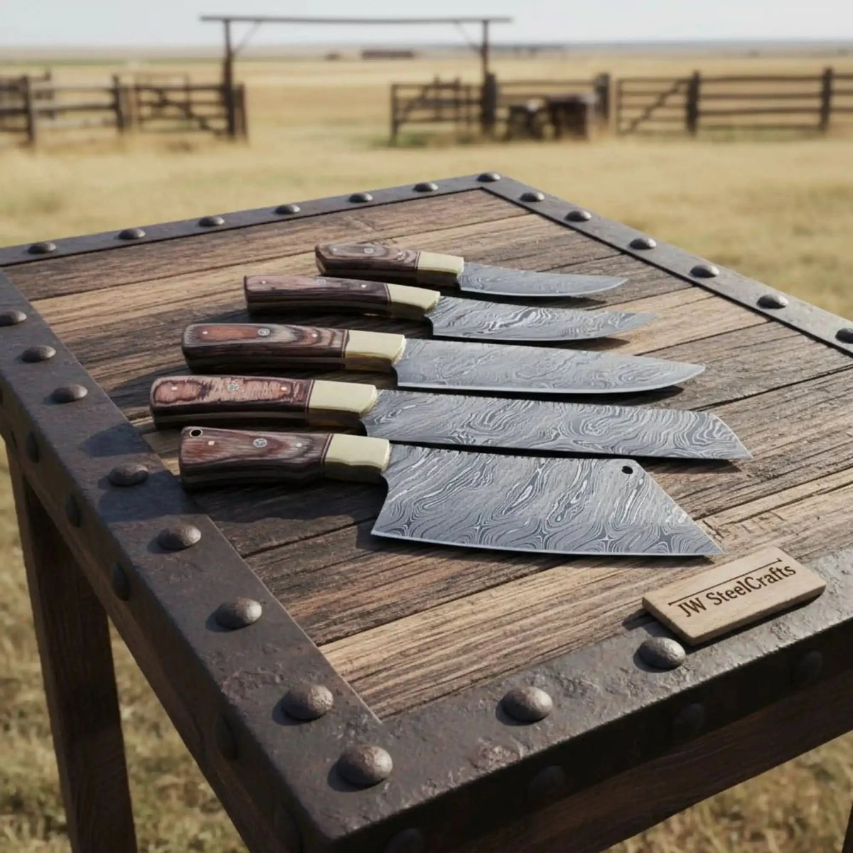 JW SteelCrafts Damascus Knife Set with Wood Handles, 5-Piece