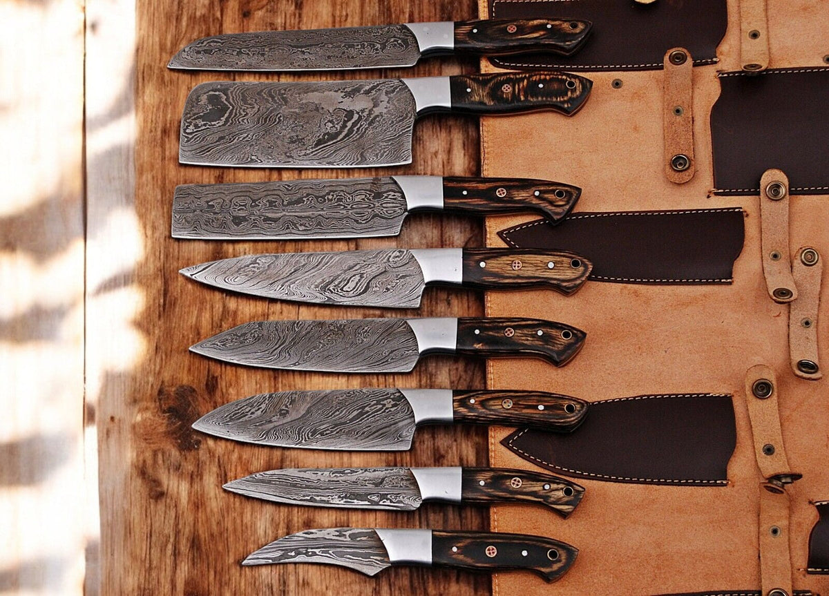 Handmade Damascus Knife Set with Exotic Wood Handles