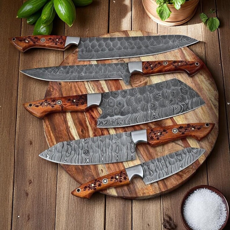 Full-Tang Damascus Knife Set, 5-Piece