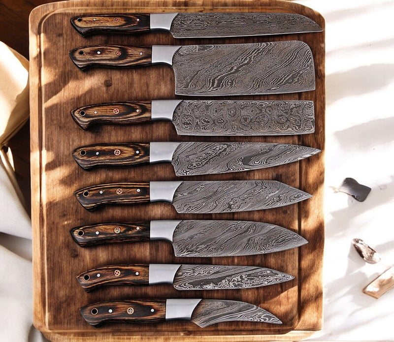 Handmade Damascus Knife Set with Exotic Wood Handles