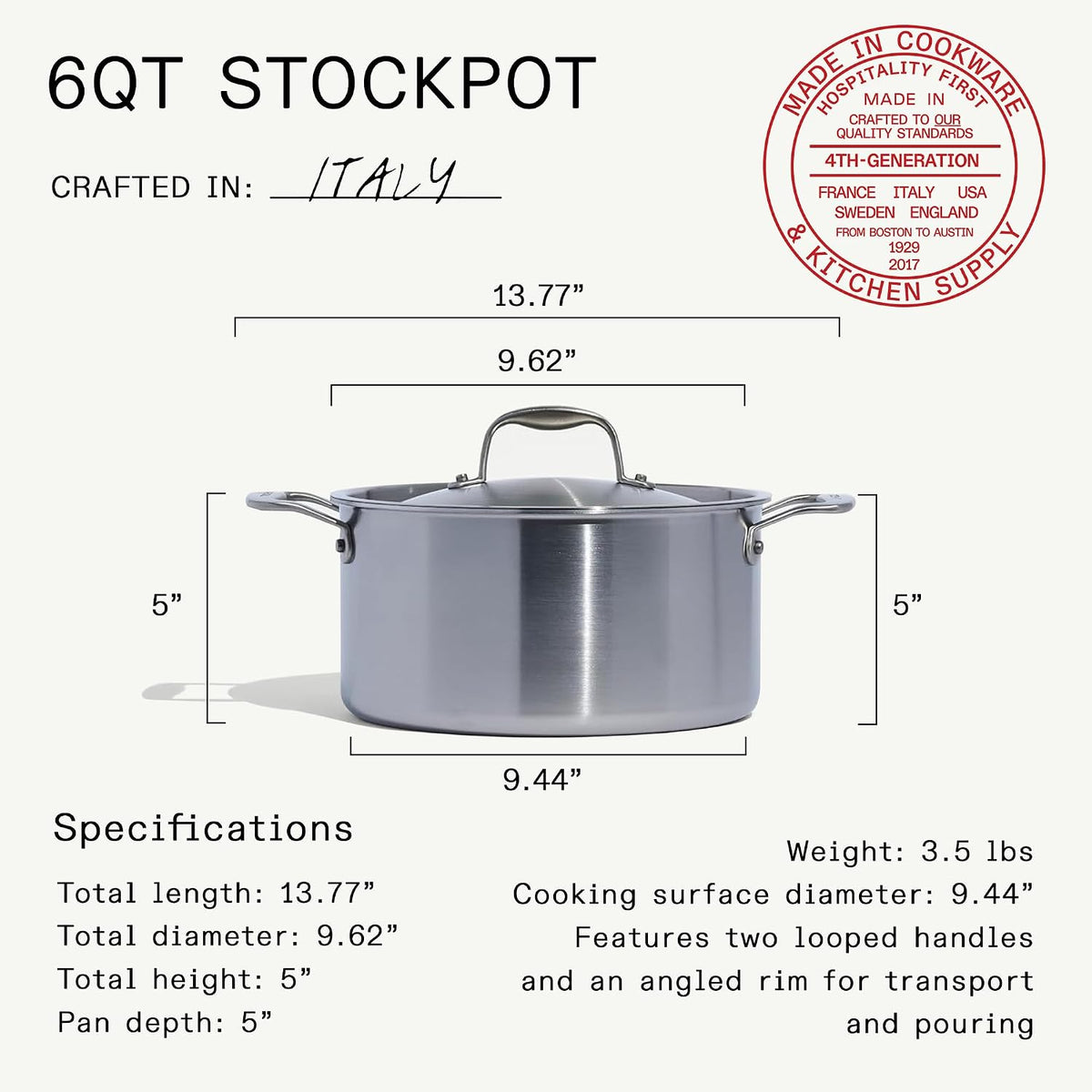 Made in Cookware - 6 Quart Stainless Steel Stock Pot with Lid - 5 Ply Stainless Clad - Professional Cookware - Crafted in Italy - Induction Compatible