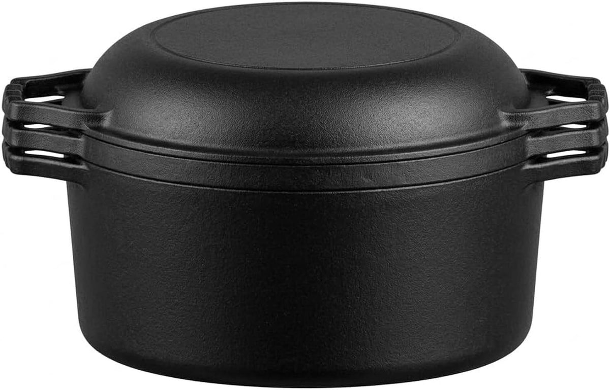 3-In-1 Triple Dutch Oven Multi-Cooker Double Dutch Pre-Seasoned Cast Iron Dutch Oven Set with Reversible Grill Pan Lid, 5 Quart Combo Cooker Deep Skillet and Griddle Pan, Heavy Duty Non-Stick Pot for Baking, Grilling, Frying, Stovetop and Oven