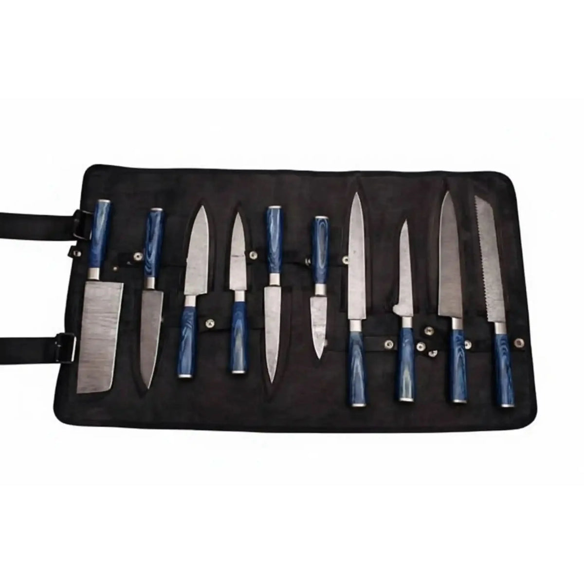 JW SteelCrafts Damascus Knife Set with Blue Pakkawood Handles, 10-Piece