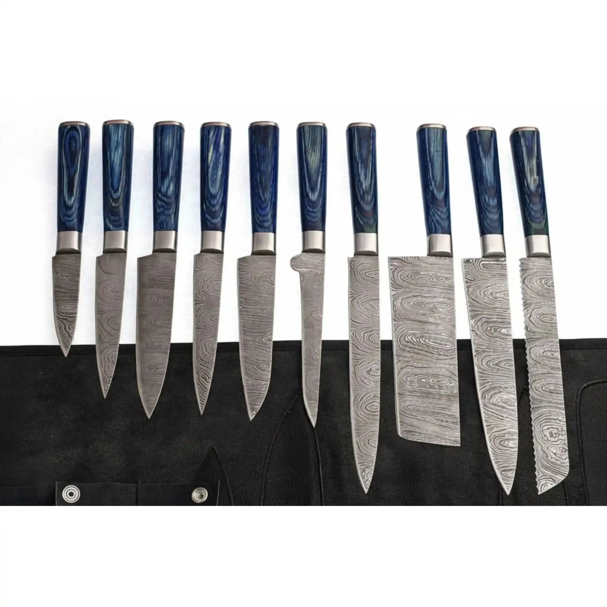 JW SteelCrafts Damascus Knife Set with Blue Pakkawood Handles, 10-Piece