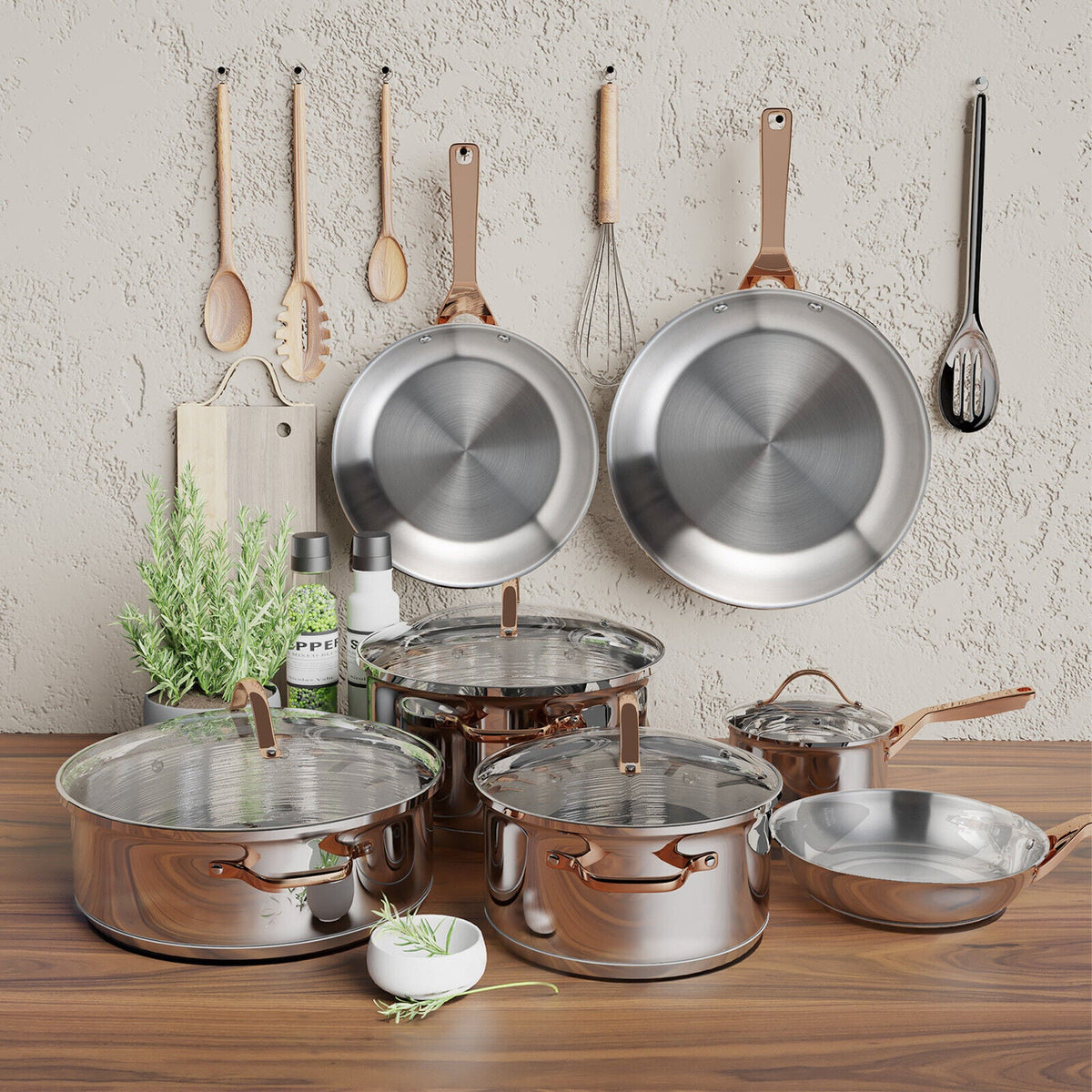 Stainless Steel Cookware Set with Gold Handles, 11-Piece