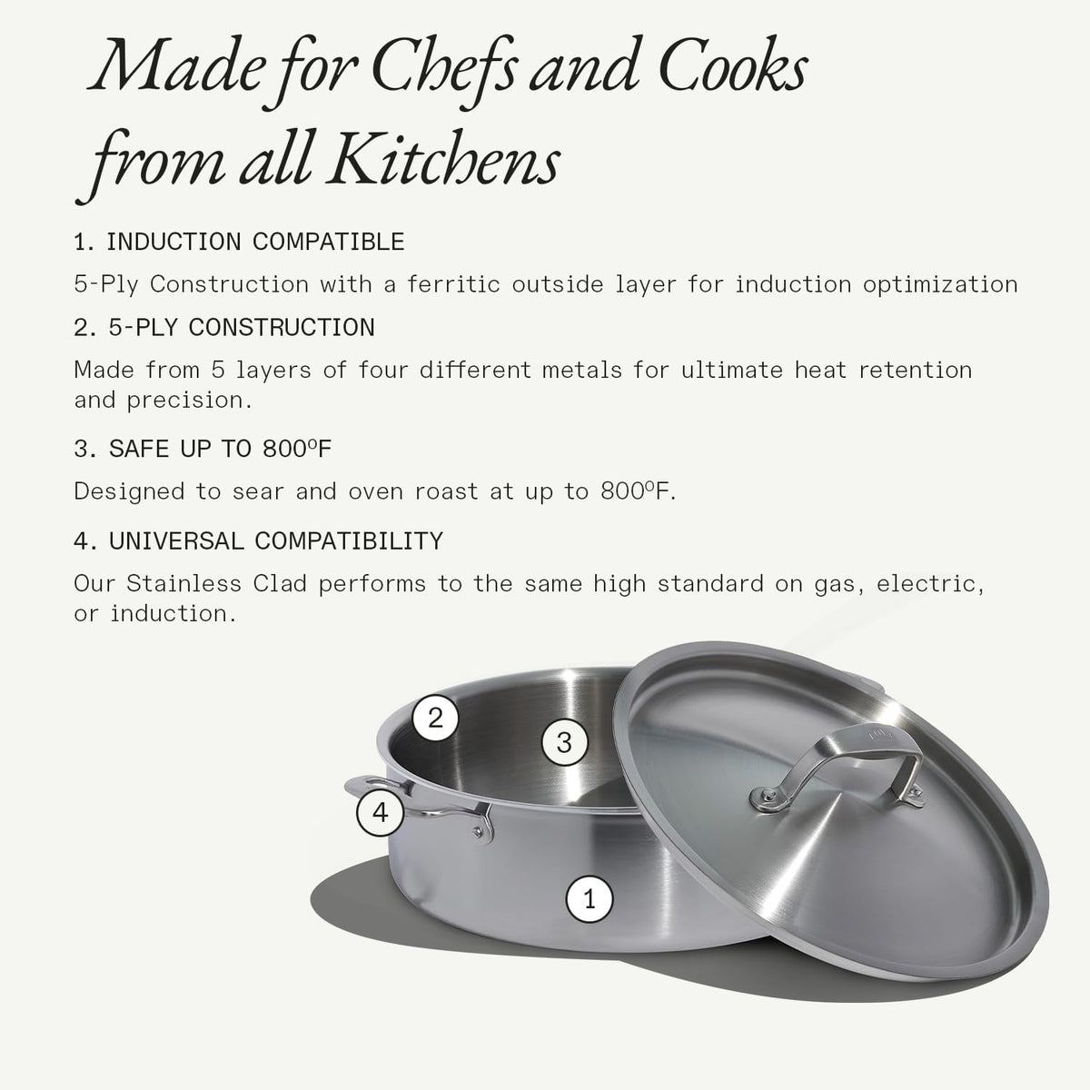 Made in Cookware - 10 Quart Stainless Steel Rondeau Pot W/Lid - 5 Ply Stainless Clad - Professional Cookware - Crafted in Italy - Induction Compatible
