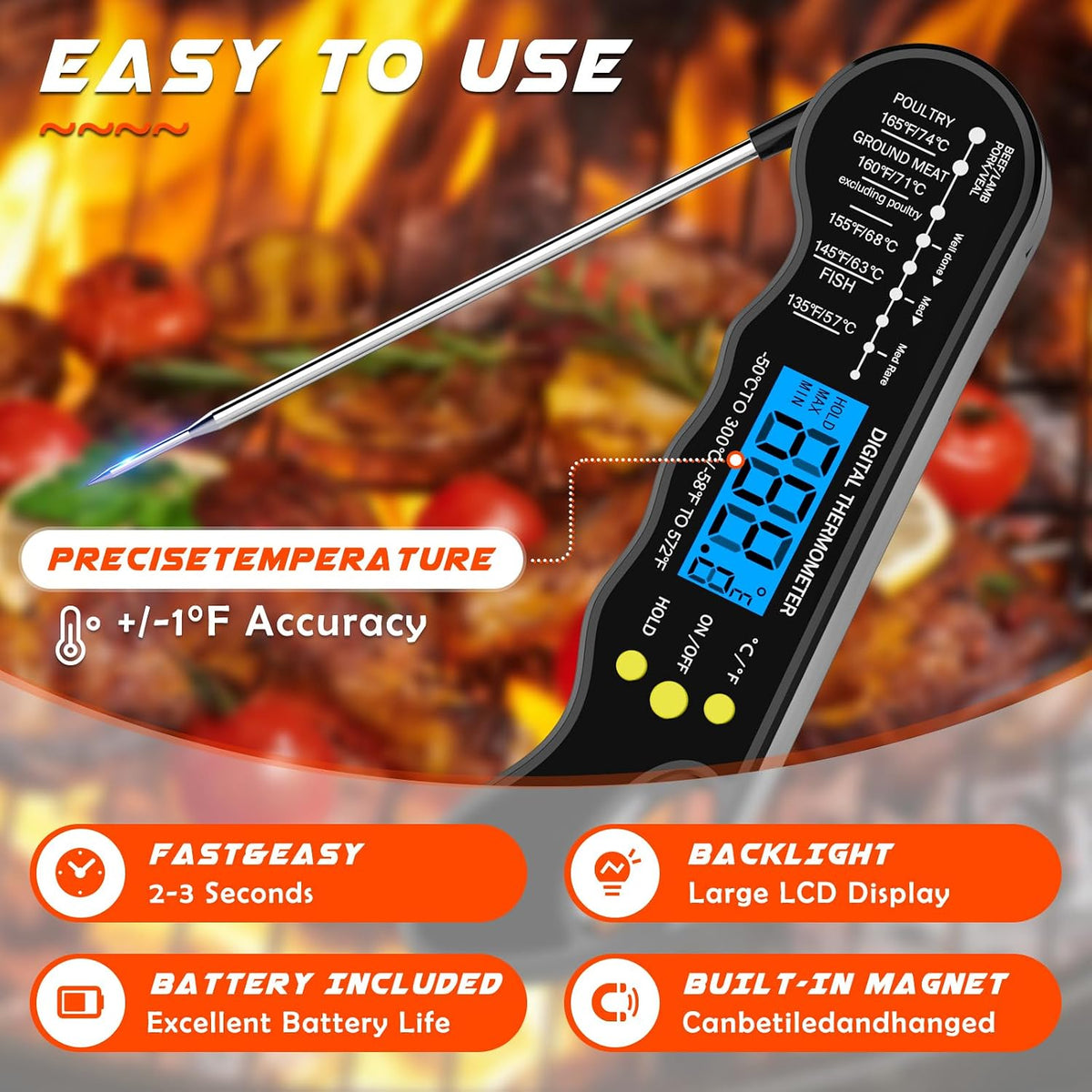 Instant Read Meat Thermometer, Fast & Accurate Digital Food Thermometer with Backlight, Waterproof & Magnet for Grilling, Cooking, BBQ, Smoker, Baking, and Candy Making (Black)