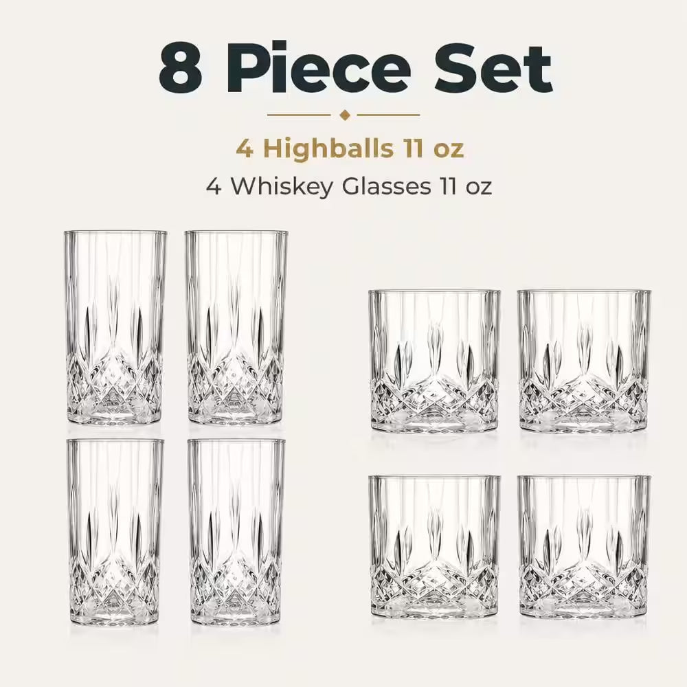Clear Crystal Glass Cups Set with 11 Oz. Old Fashioned Highballs and 11 Oz. Whiskey Glasses (Set of 8)