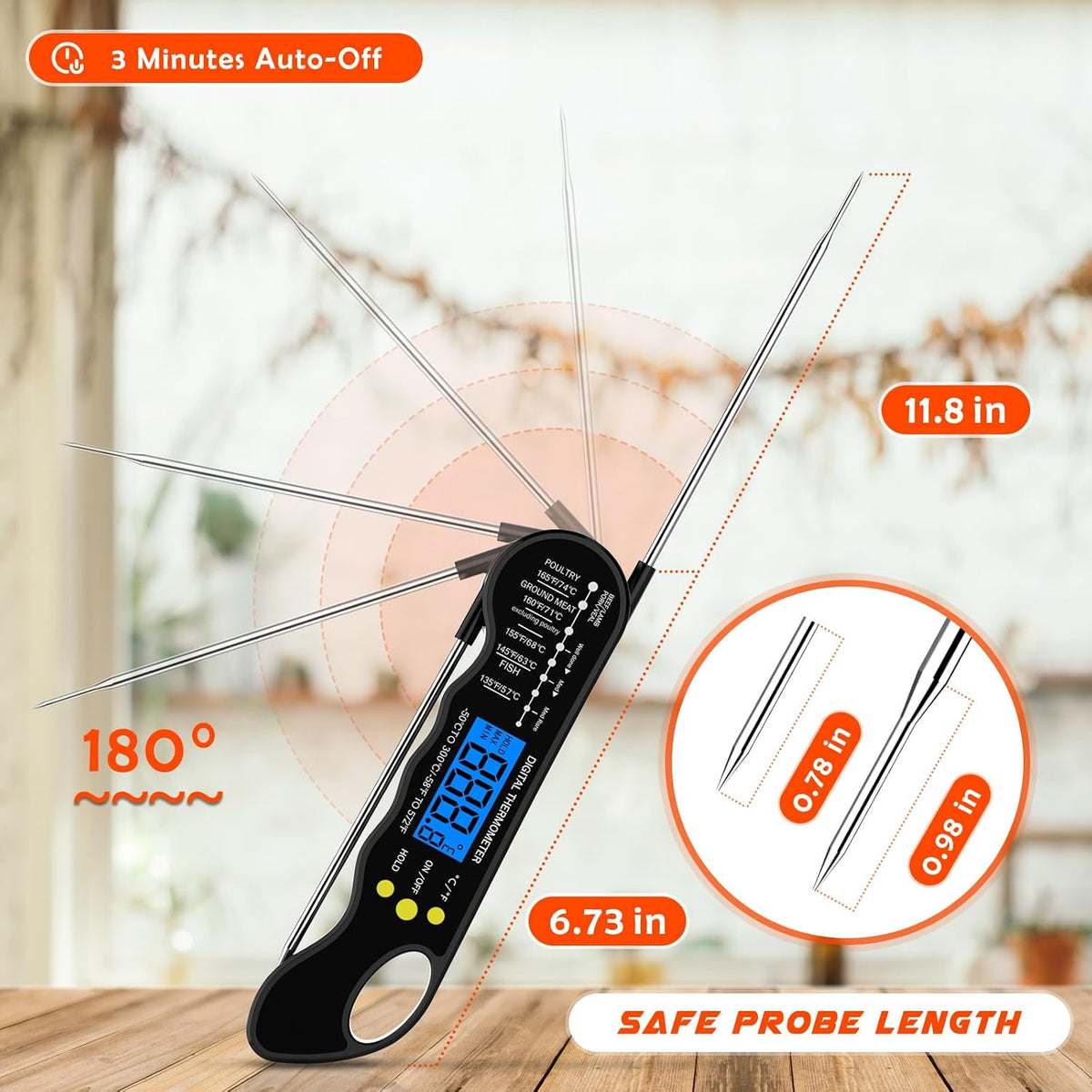 Instant Read Meat Thermometer, Fast & Accurate Digital Food Thermometer with Backlight, Waterproof & Magnet for Grilling, Cooking, BBQ, Smoker, Baking, and Candy Making (Black)