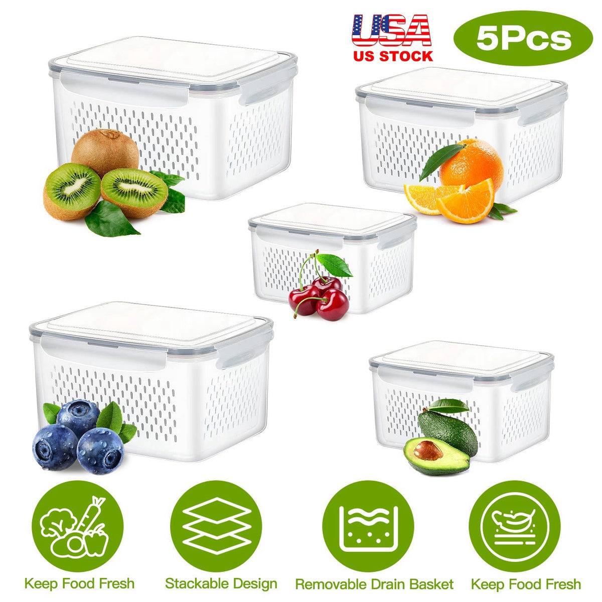 Produce Storage Containers with Drain Baskets, Set of 5