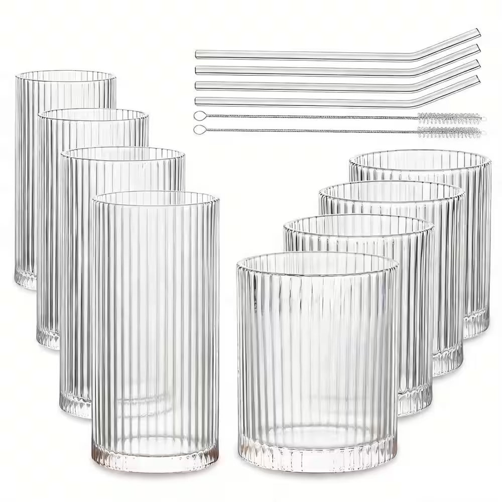 Set of 8 Vintage Glassware, 4 Highball Glasses 12 Oz, 4 Rocks Glass Cups 14 Oz, Ribbed Glassware Cocktail Glasses