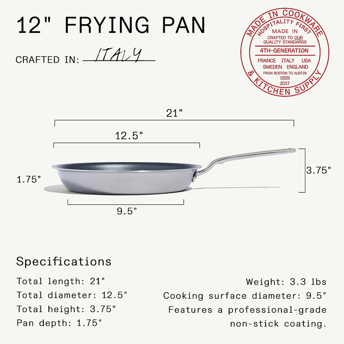 Made in Cookware - Procoat 12" Non Stick Frying Pan (Graphite) - 5 Ply Stainless Clad Nonstick - Professional Cookware - Crafted in USA - Induction Compatible