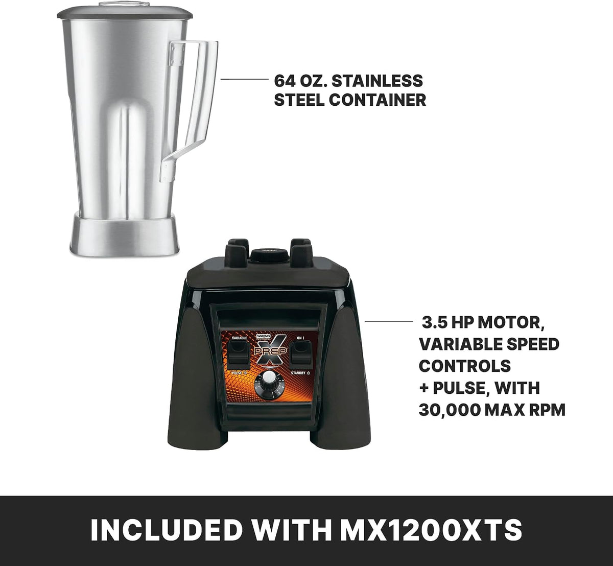 Commercial MX1200XTS 3.5 HP Blender with Variable Speed Dial Speed Controls and a 64 Oz. Stainless Steel Container, 120V, 5-15 Phase Plug