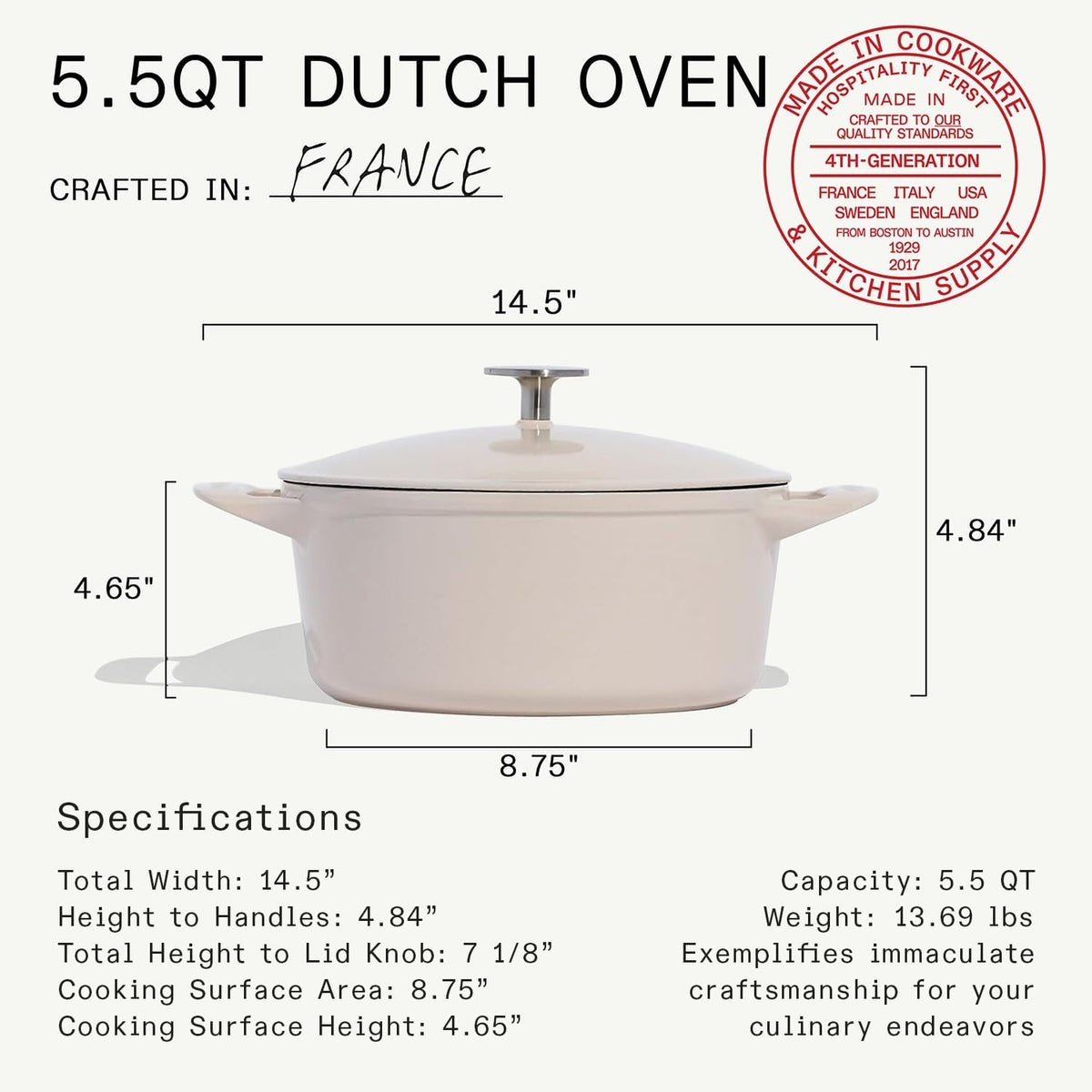 Made in Cookware - Dutch Oven 5.5 Quart (Linen) - Enameled Cast Iron - Exceptional Heat Retention & Durability - Professional Cookware - Crafted in France - Induction Compatible