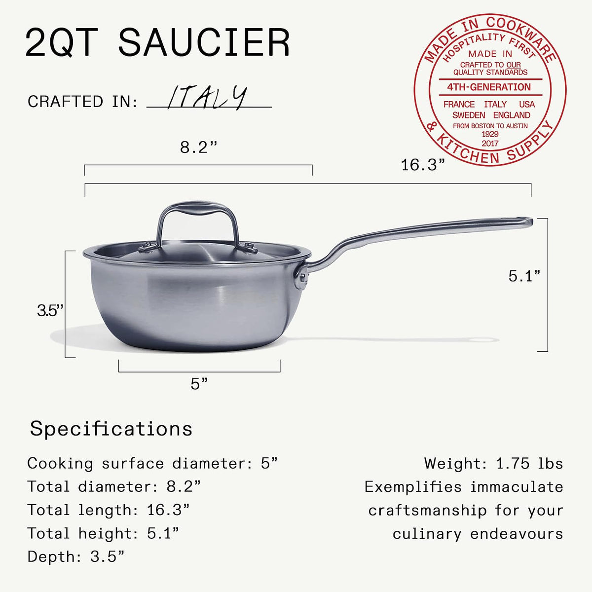 Made in Cookware - 2 Quart Stainless Steel Saucier Pan - 5 Ply Stainless Clad - Professional Cookware - Crafted in Italy - Induction Compatible
