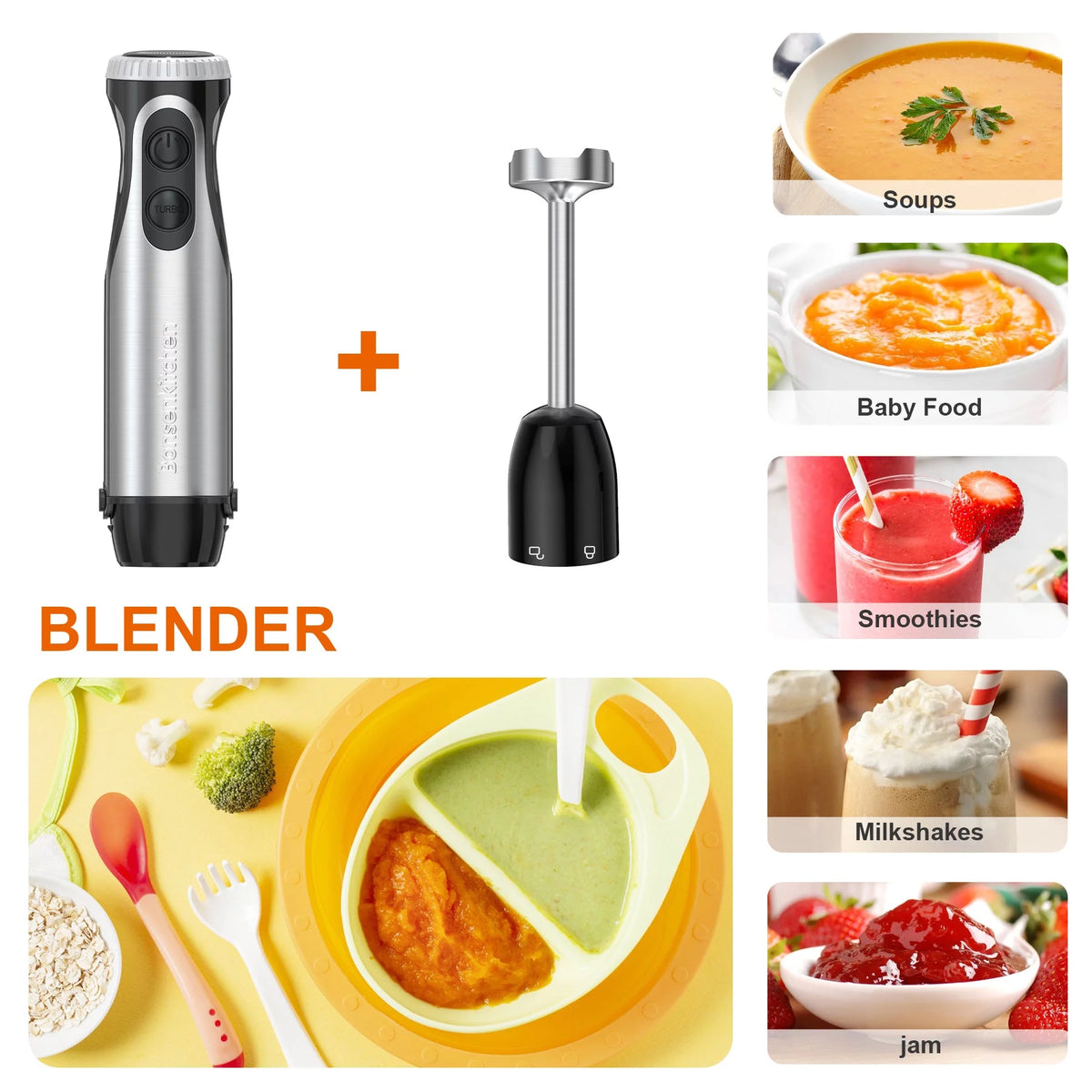 Immersion Hand Blender, Stainless Steel, 20-Speed, Handheld Mixer for Soup, Smoothies, Purees, Emulsifies