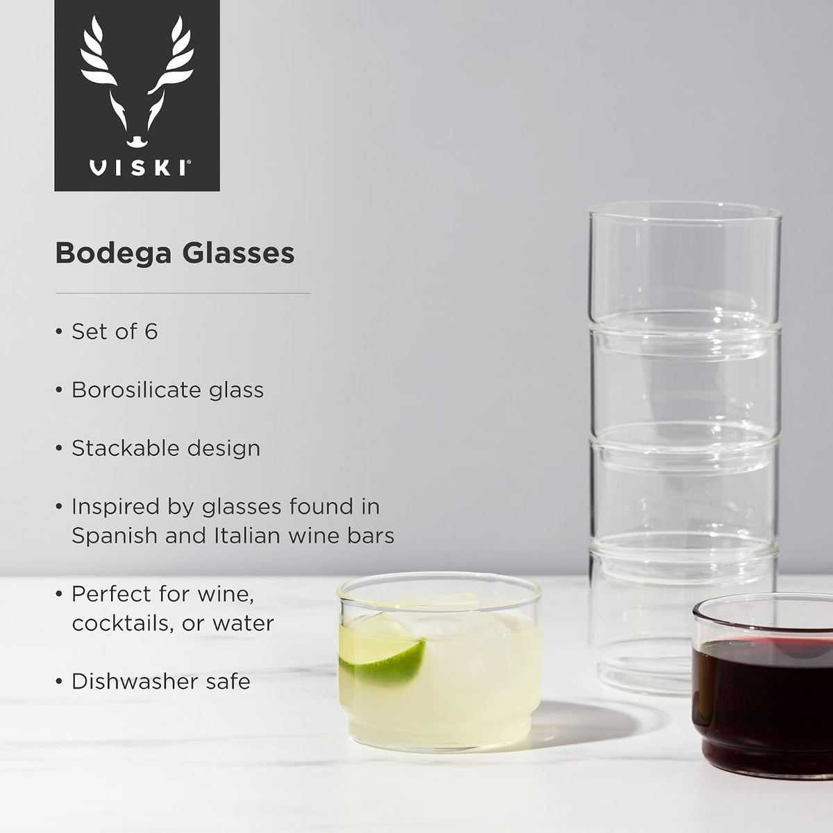 Bodega Glasses - Stackable Drinking Glasses Set - Modern Glassware for Wine and Cocktails - 7Oz Set of 6