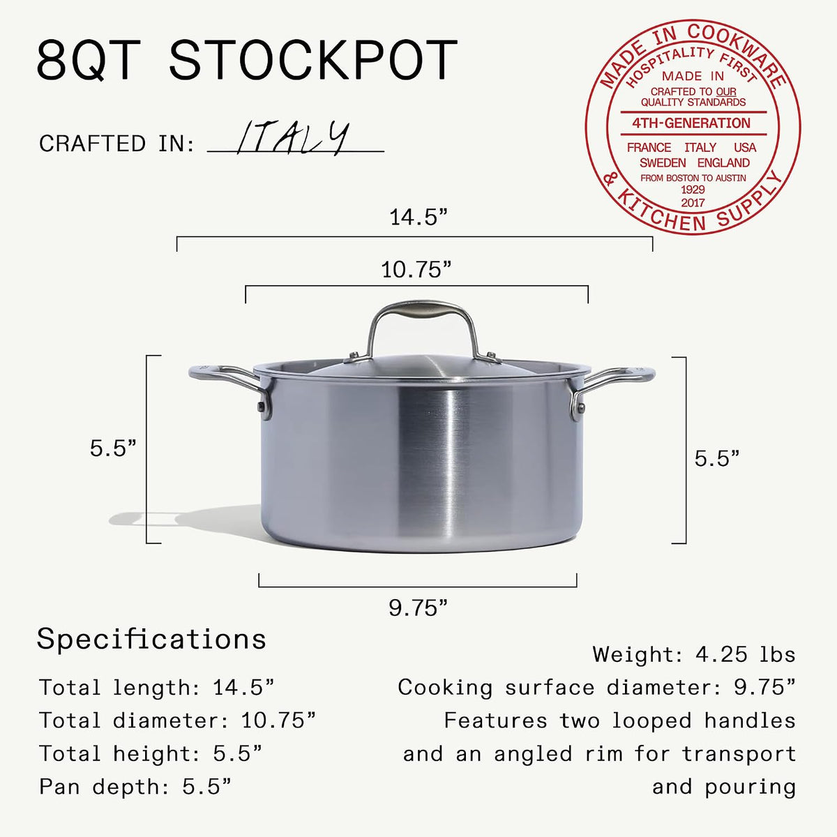 Made in Cookware - 8 Quart Stainless Steel Stock Pot with Lid - 5 Ply Stainless Clad - Professional Cookware - Crafted in Italy - Induction Compatible