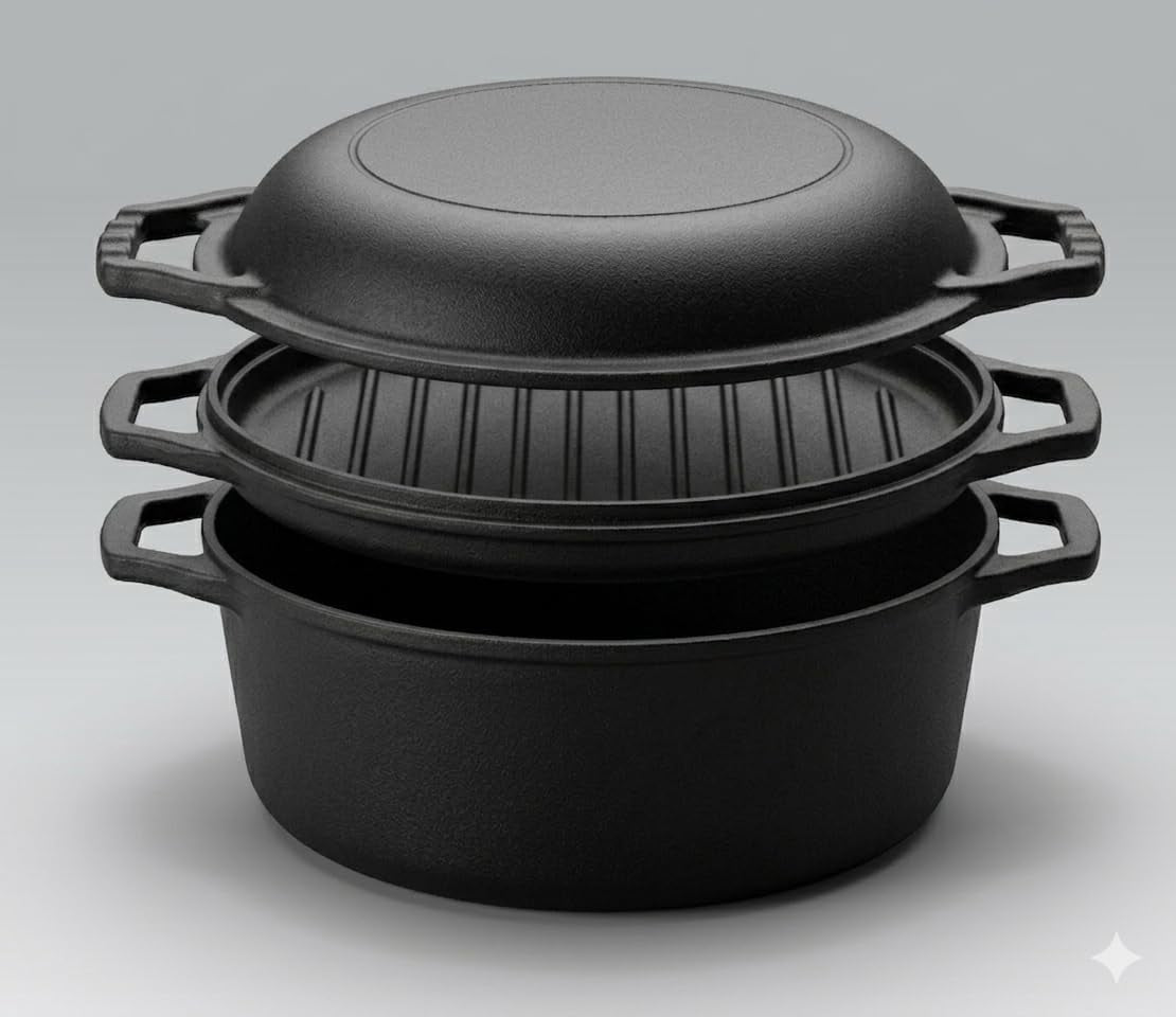 3-In-1 Triple Dutch Oven Multi-Cooker Double Dutch Pre-Seasoned Cast Iron Dutch Oven Set with Reversible Grill Pan Lid, 5 Quart Combo Cooker Deep Skillet and Griddle Pan, Heavy Duty Non-Stick Pot for Baking, Grilling, Frying, Stovetop and Oven