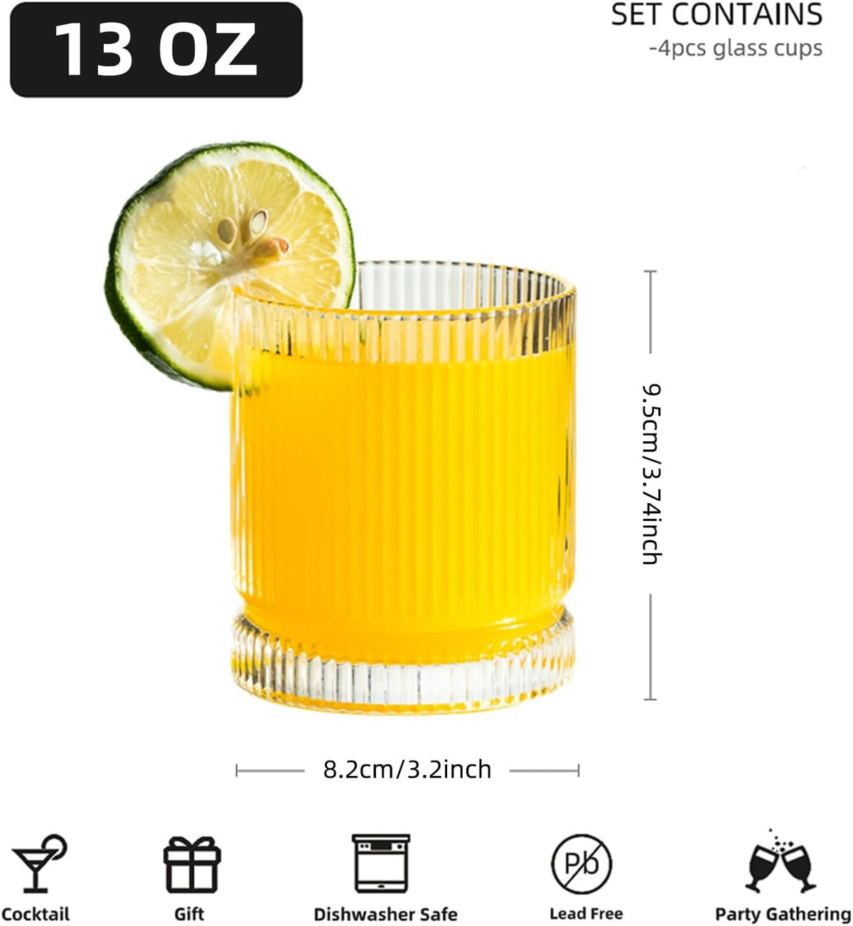 Ribbed Glass Cups Set, 13Oz Vintage Drinking Glassware Set of 4, Premium Rocks Glass Cups, Elegant Mixed Glassware Set, Origami Style Cocktail Glasses, Great for Cocktail, Whisky & Beverages