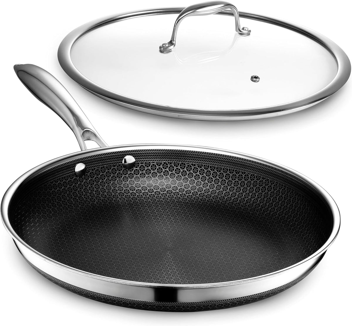 Hexclad 12" Hybrid Nonstick Frying Pan with Lid, Dishwasher & Oven Safe
