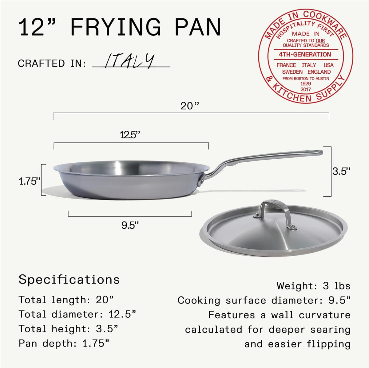 Made in Cookware - 12-Inch Stainless Steel Frying Pan with Lid - 5 Ply Stainless Clad - Professional Cookware - Crafted in Italy - Induction Compatible