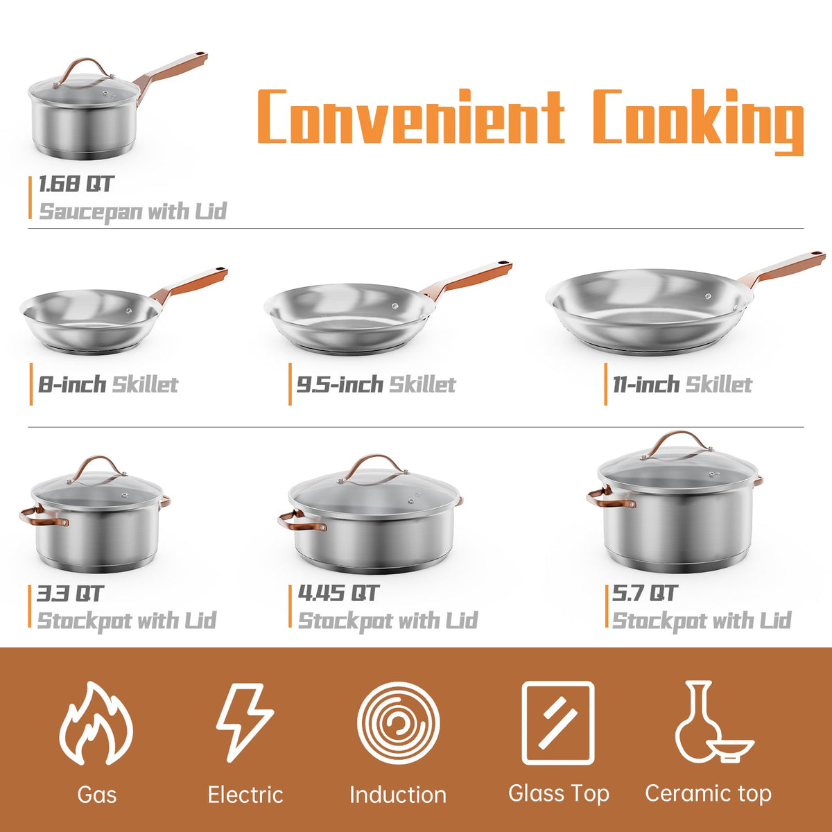 Stainless Steel Cookware Set with Gold Handles, 11-Piece