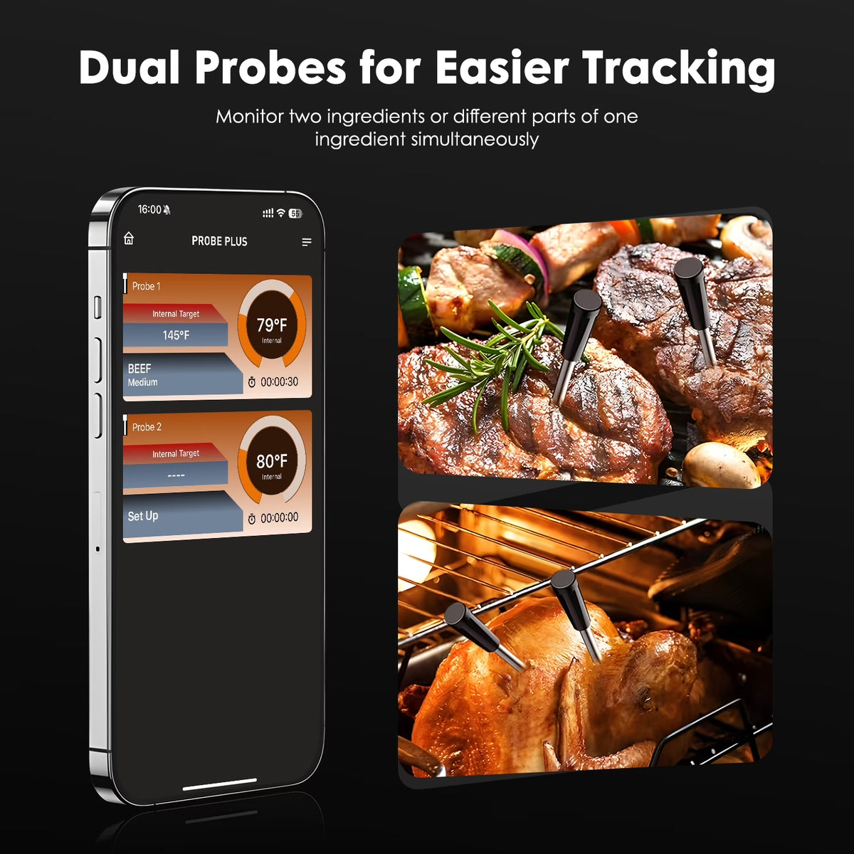 Smart Wireless Meat Thermometer - Bluetooth App, 2 Probe Set