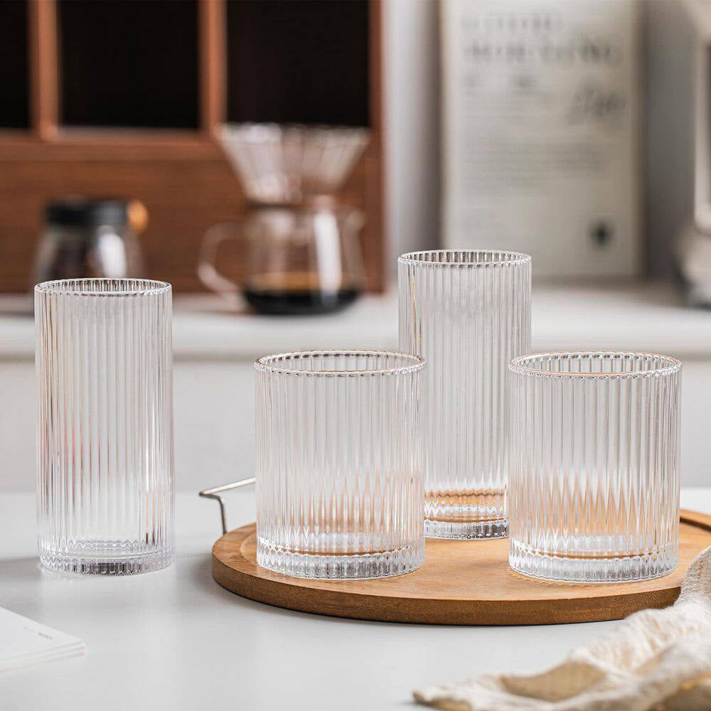Set of 8 Vintage Glassware, 4 Highball Glasses 12 Oz, 4 Rocks Glass Cups 14 Oz, Ribbed Glassware Cocktail Glasses