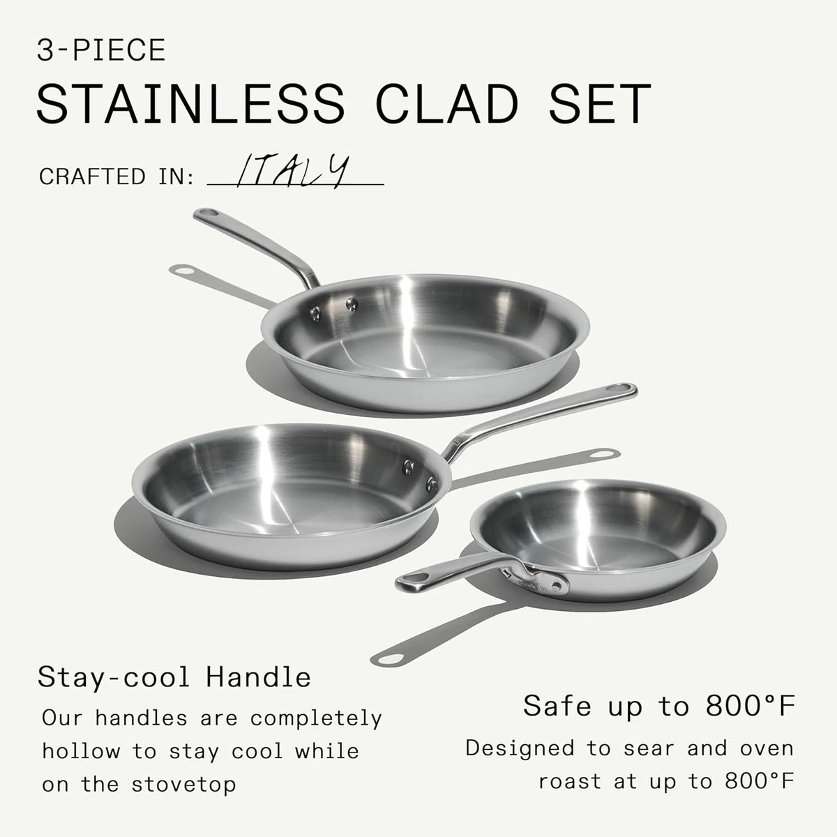 Made in Cookware - 3-Piece (Includes 8",10",12") Stainless Frying Pan Set - 5 Ply Stainless Clad - Professional Cookware - Crafted in Italy - Induction Compatible