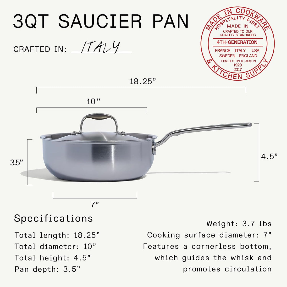 Made in Cookware - 3 Quart Stainless Steel Saucier Pan - 5 Ply Stainless Clad - Professional Cookware - Crafted in Italy - Induction Compatible