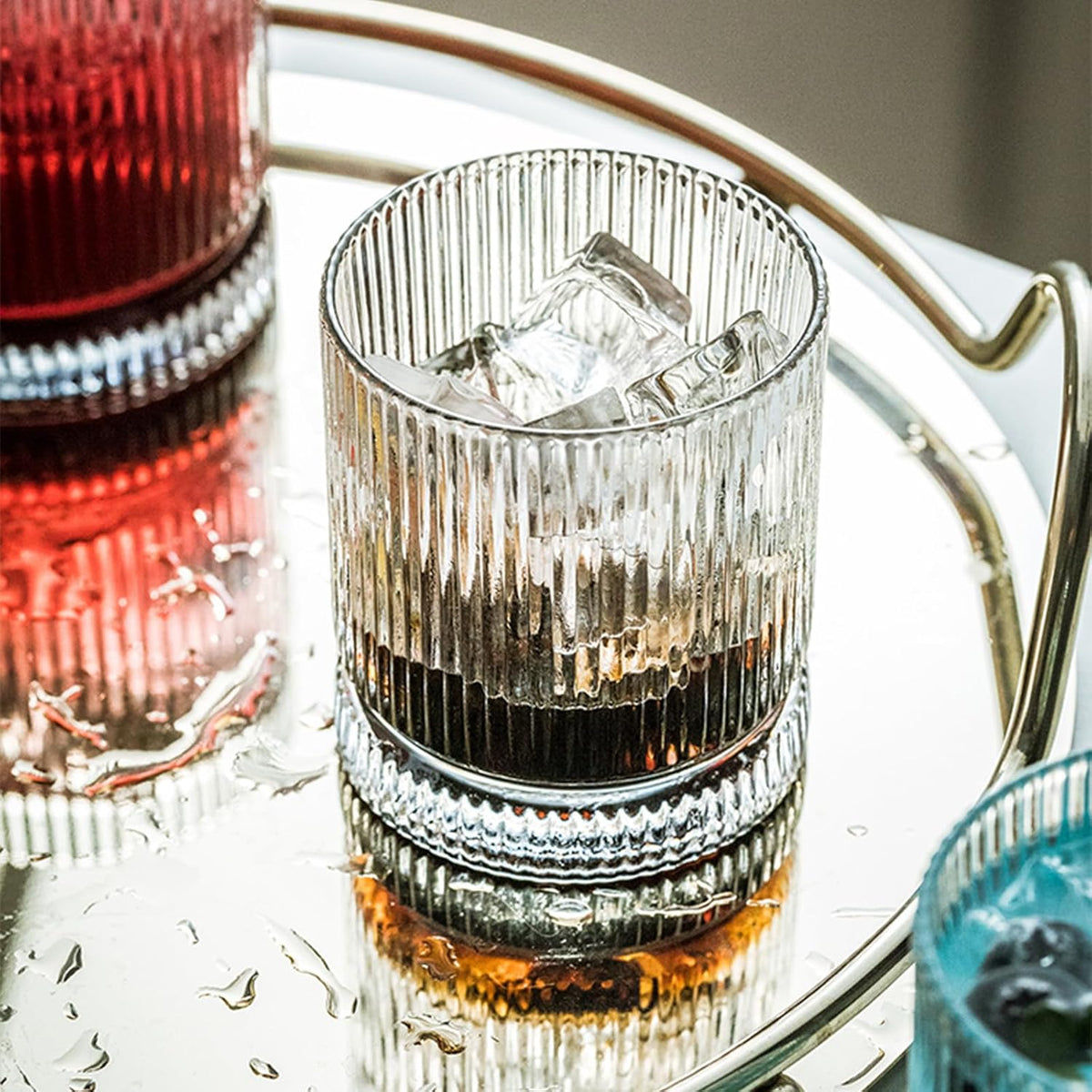Ribbed Glass Cups Set, 13Oz Vintage Drinking Glassware Set of 4, Premium Rocks Glass Cups, Elegant Mixed Glassware Set, Origami Style Cocktail Glasses, Great for Cocktail, Whisky & Beverages