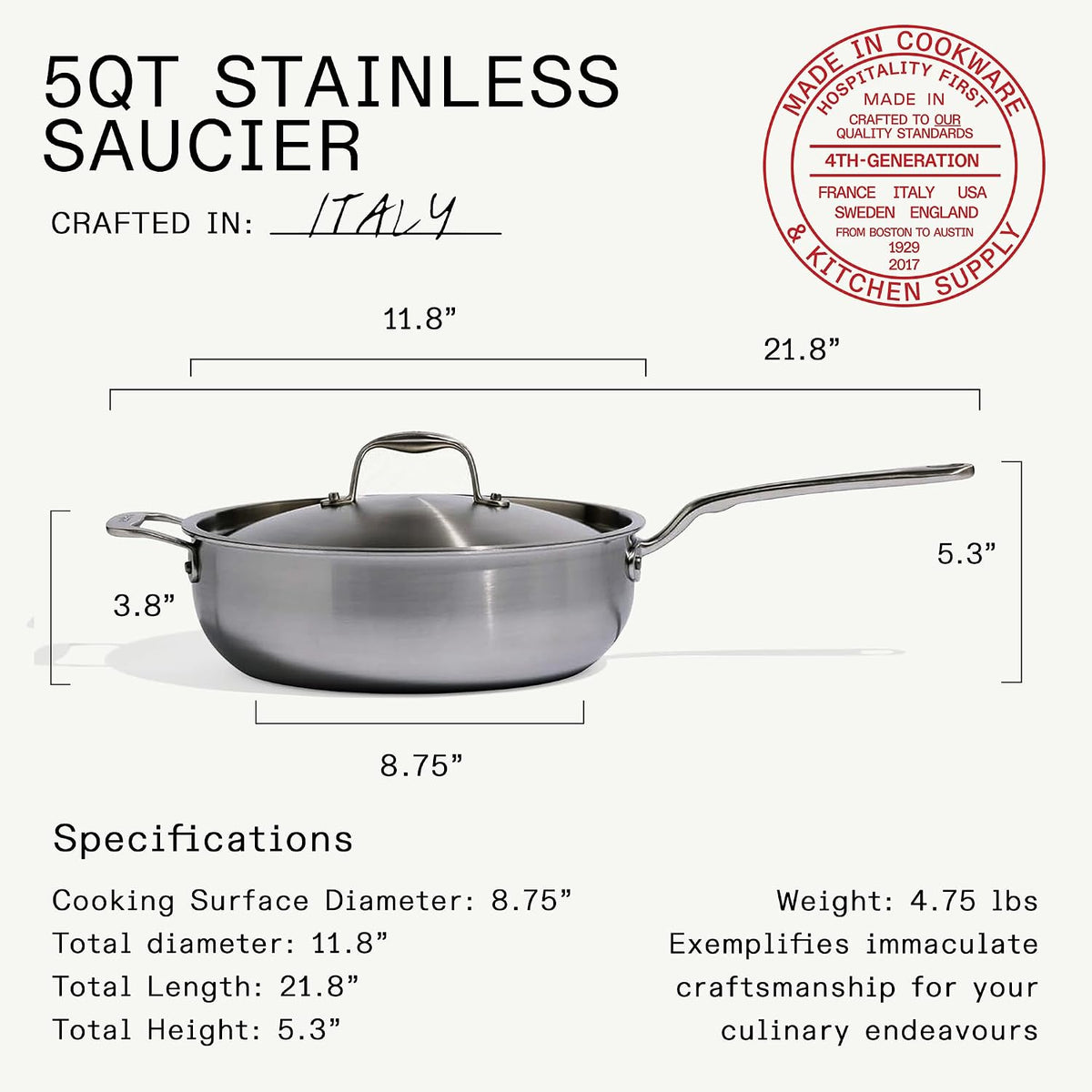 Made in Cookware - 5 Quart Stainless Steel Saucier Pan - 5 Ply Stainless Clad - Professional Cookware - Crafted in Italy - Induction Compatible