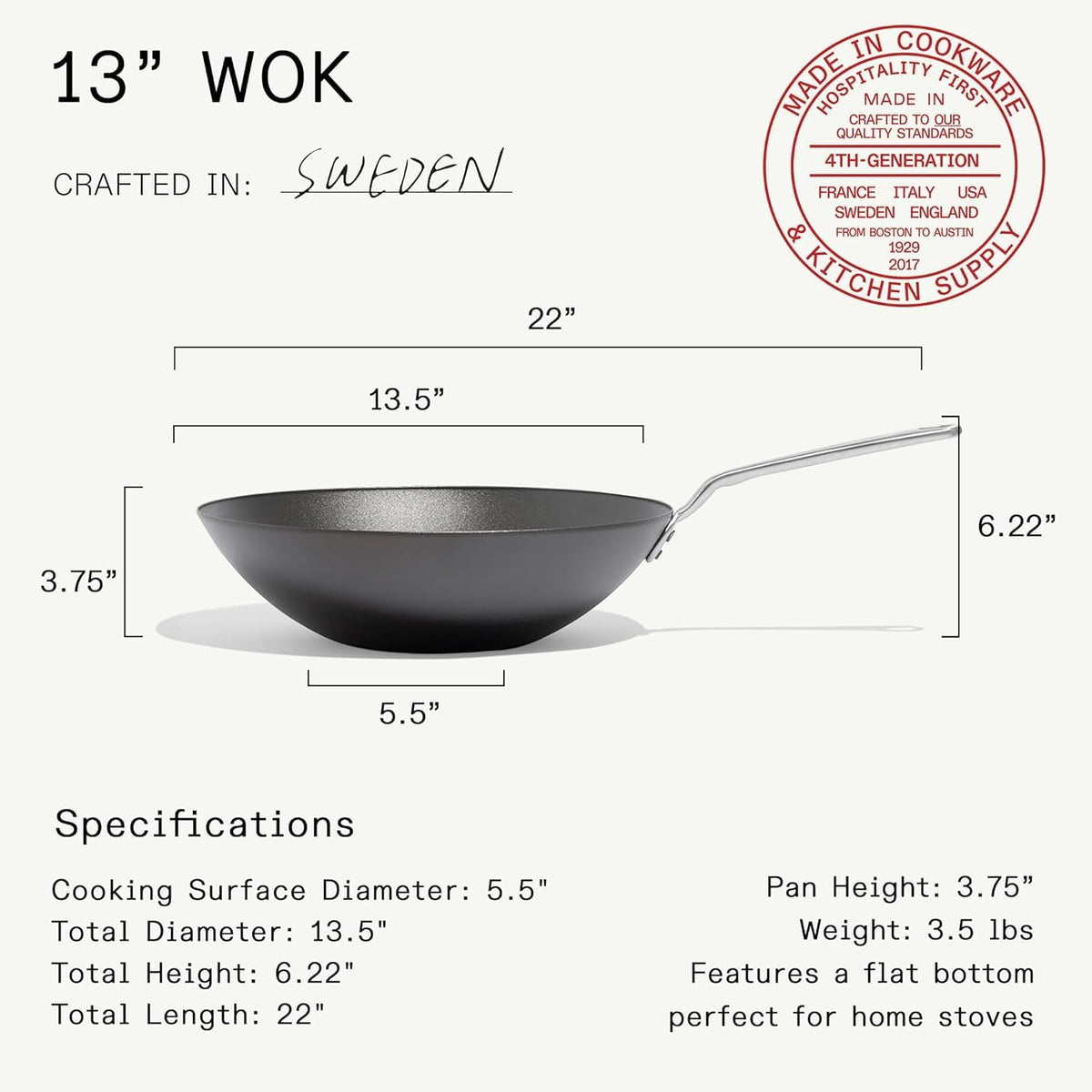 Made in Cookware - 13" Seasoned Carbon Steel Wok - Professional Cookware - Crafted in Sweden - Induction Compatible