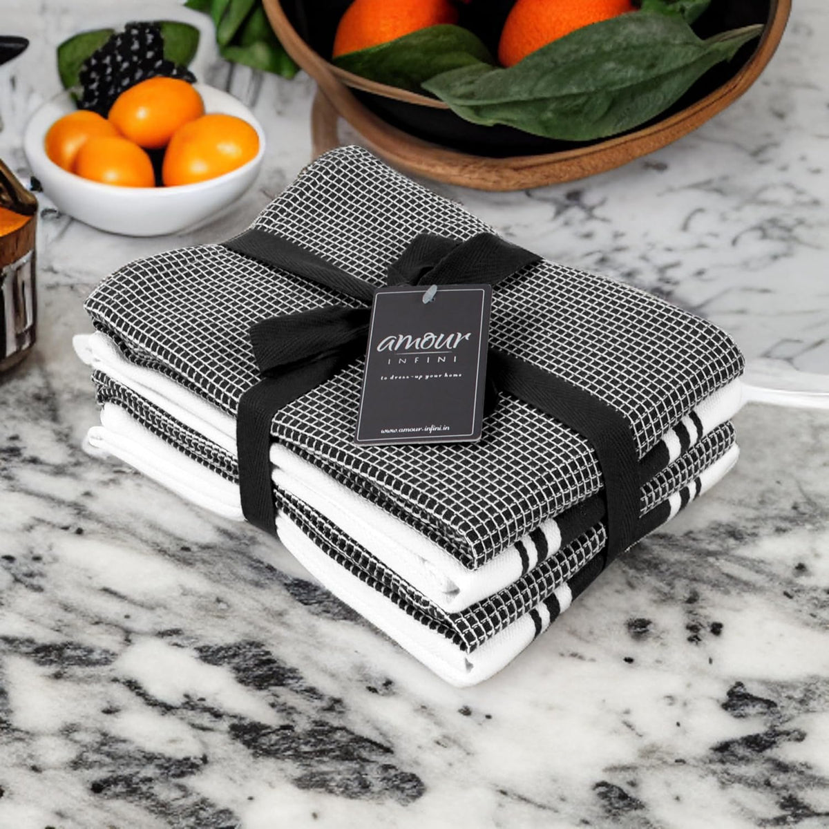 Cotton Kitchen Towels - Set of 4 Highly Absorbent, Ultra Soft Waffle Weave Tea Towel with Hanging Loop - 20X28 Inch Quick Drying Dish Cloths for Cleaning (Black)