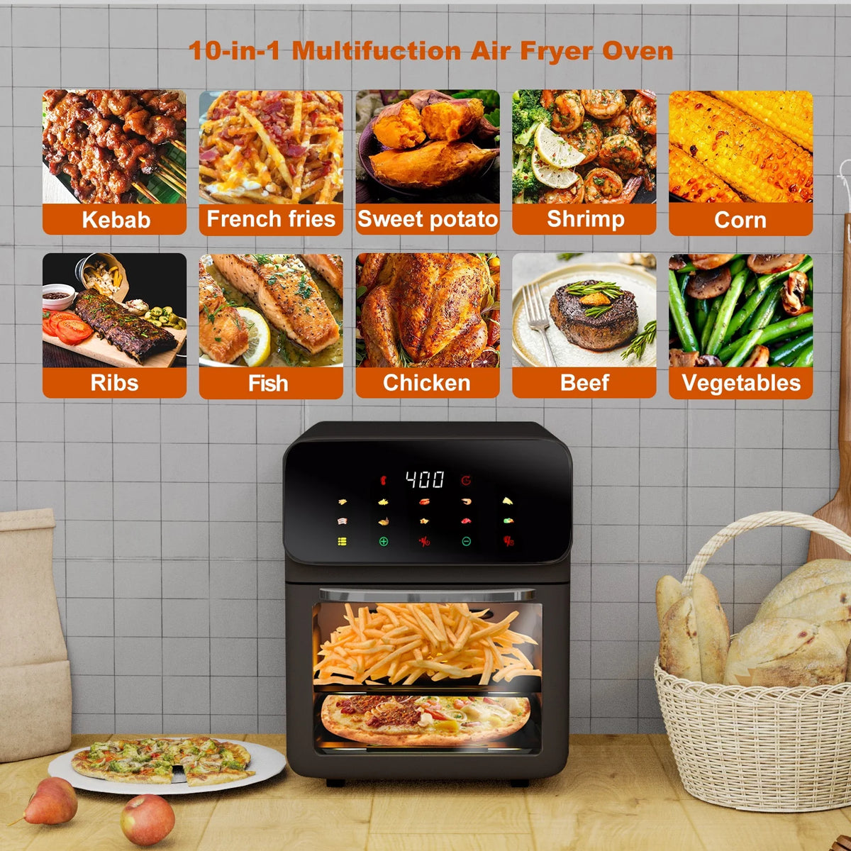Upgrade your cooking game with the 12QT Air Fryer Convection Oven! 🌟✨ 10-in-1 functions, stylish touchscreen, and a clear view window! 🍽️🔥 #KitchenMustHave #HealthyCooking