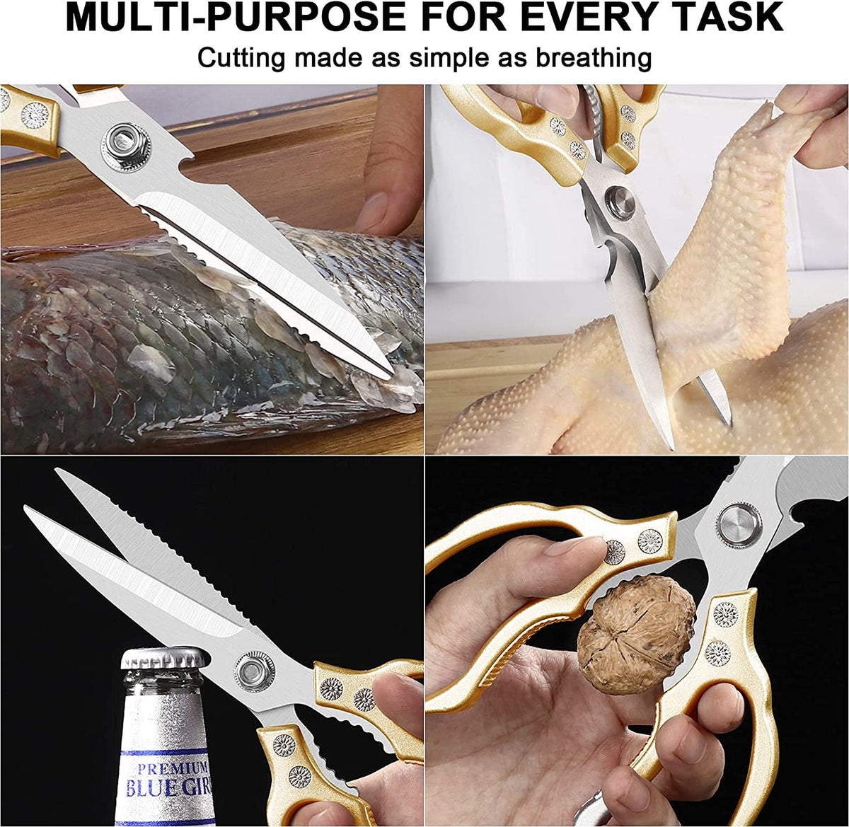 Kitchen Scissors All Purpose Heavy Duty, Ultra Sharp Stainless Steel Kitchen Shears Dishwasher Safe, Cooking Shears for Chicken, Poultry, Fish, Meat, Herbs & Grapes with Non-Slip Grips - Gold