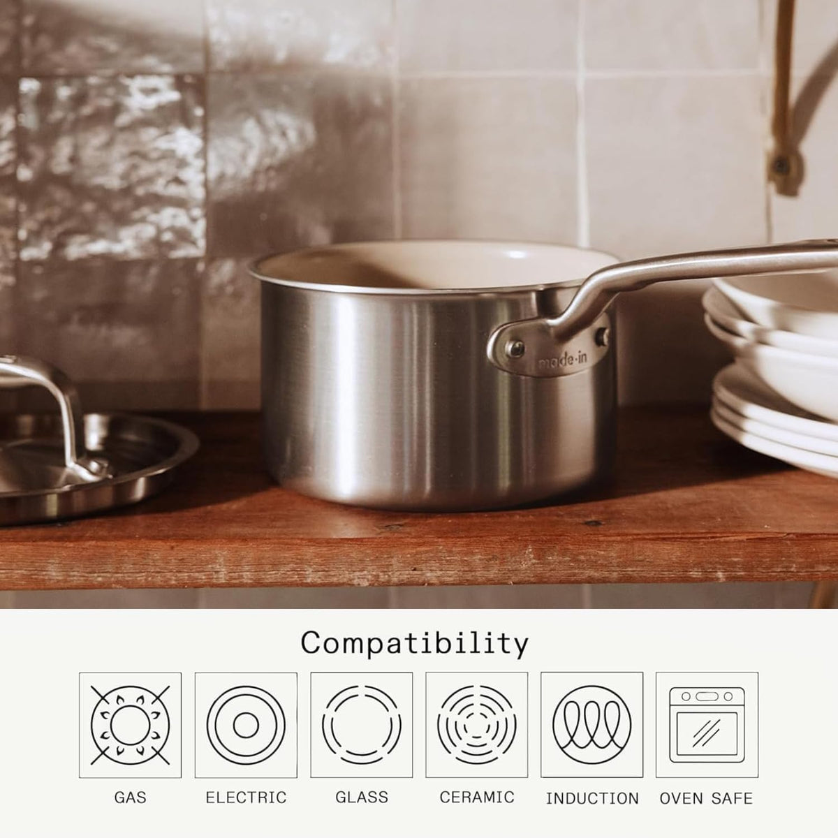 Made in Cookware - 2 QT Ceramiclad Non Stick Saucepan with Lid - 5-Ply Stainless Clad with Stay-Cool Handle - Professional Cookware - Crafted in Italy - Induction Compatible
