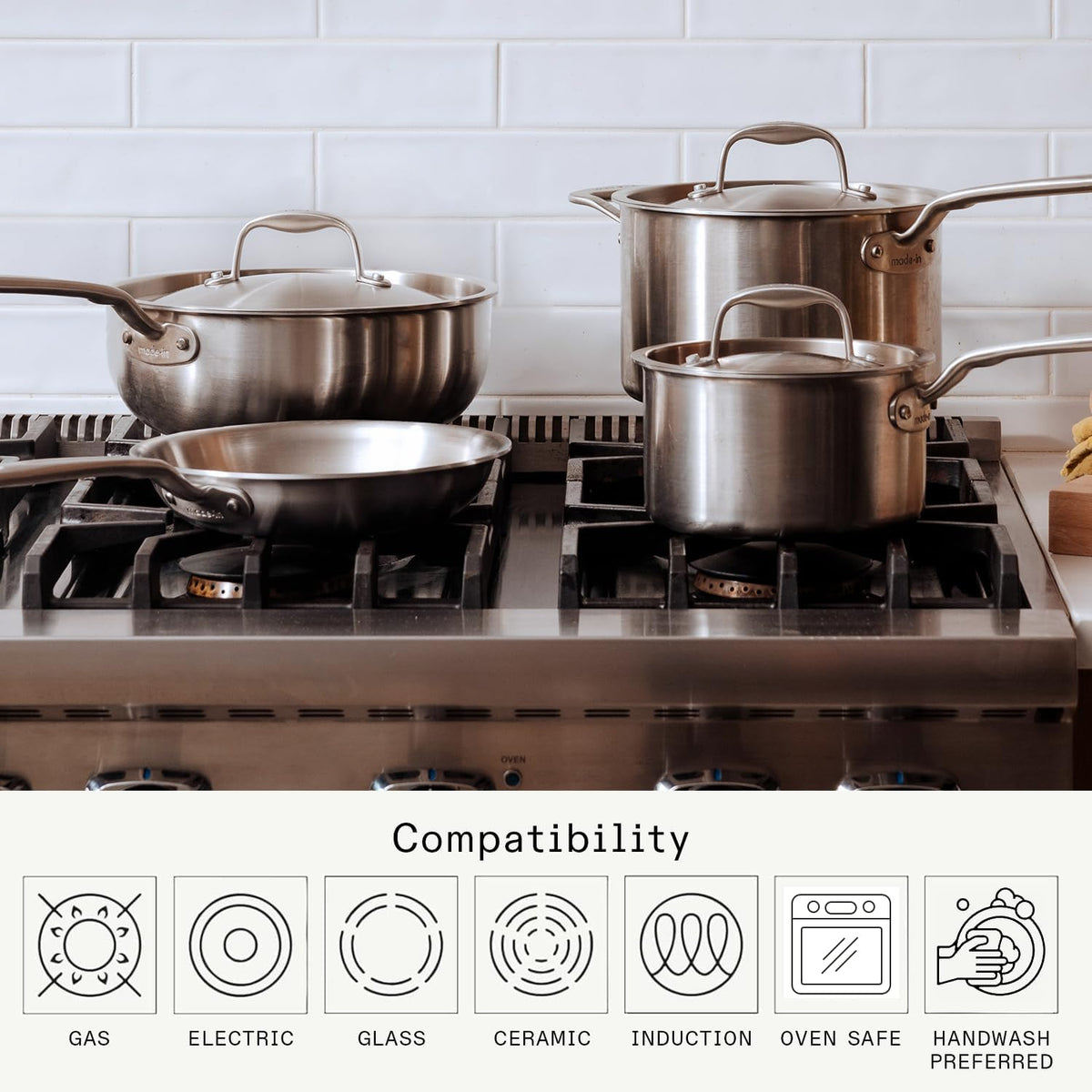 Made in Cookware - 10 Piece Stainless Steel Pot and Pan Set - 5 Ply Clad - Includes Stainless Steel Frying Pans, Saucepans, Saucier and Stock Pot W/Lid - Professional Cookware - Crafted in Italy