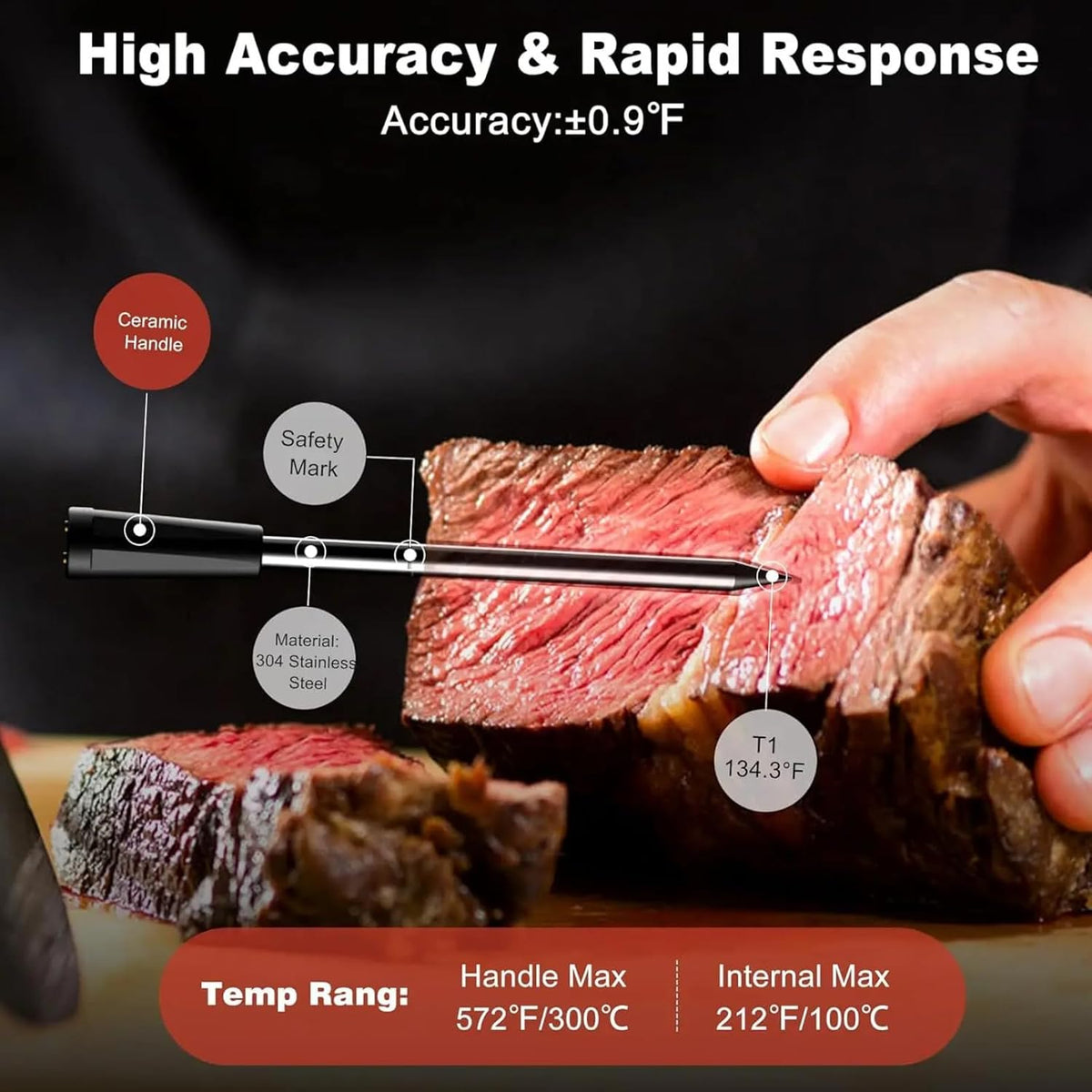 Bluetooth Meat Thermometer | Digital Wireless Meat Thermometer with Ceramic Ultra-Thin 4 Probes| Remote Range- Real Time Reading | Monitor Meat Temp for BBQ Upto 300°C (572°F) App for Ios Android