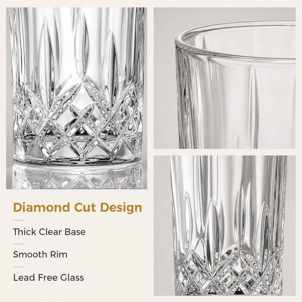 Clear Crystal Glass Cups Set with 11 Oz. Old Fashioned Highballs and 11 Oz. Whiskey Glasses (Set of 8)