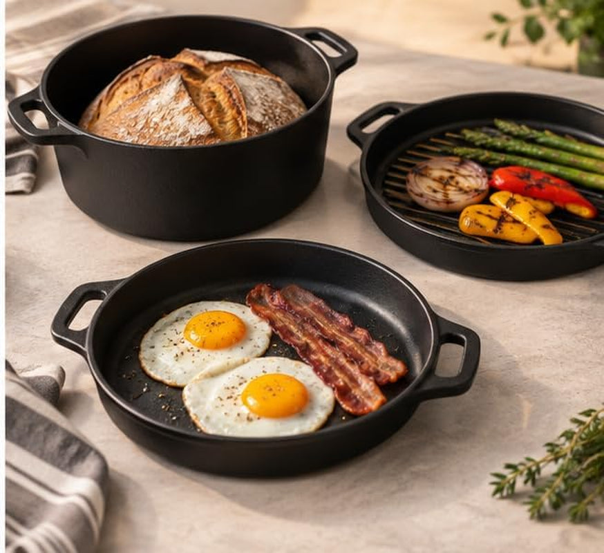 3-In-1 Triple Dutch Oven Multi-Cooker Double Dutch Pre-Seasoned Cast Iron Dutch Oven Set with Reversible Grill Pan Lid, 5 Quart Combo Cooker Deep Skillet and Griddle Pan, Heavy Duty Non-Stick Pot for Baking, Grilling, Frying, Stovetop and Oven