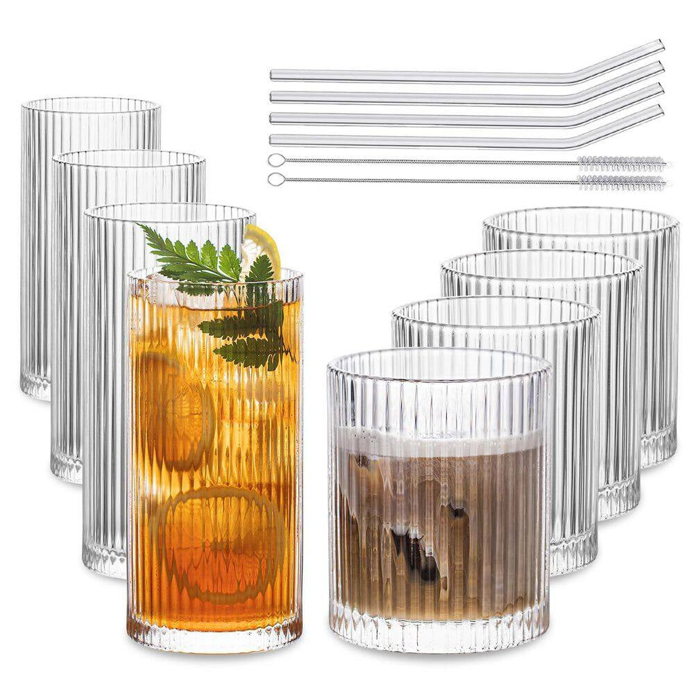 Set of 8 Vintage Glassware, 4 Highball Glasses 12 Oz, 4 Rocks Glass Cups 14 Oz, Ribbed Glassware Cocktail Glasses