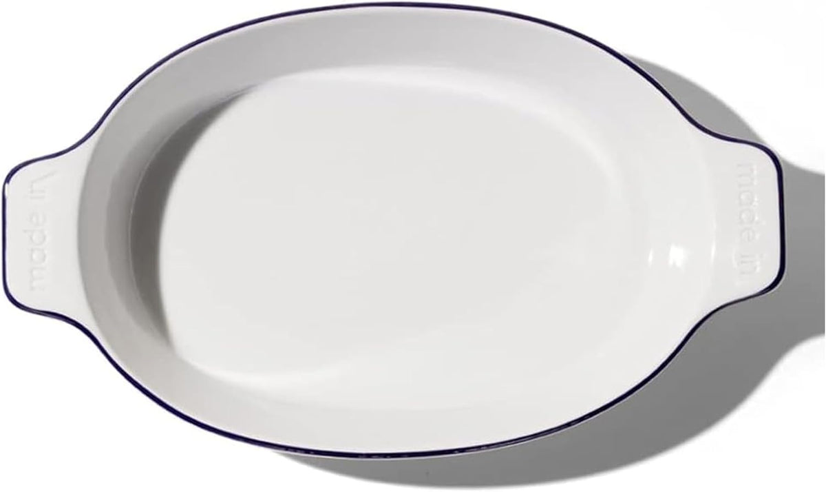 Made in Cookware - Oval Baking Dish - Navy Rim - Handcrafted Porcelain - Professional Bakeware - Crafted in France