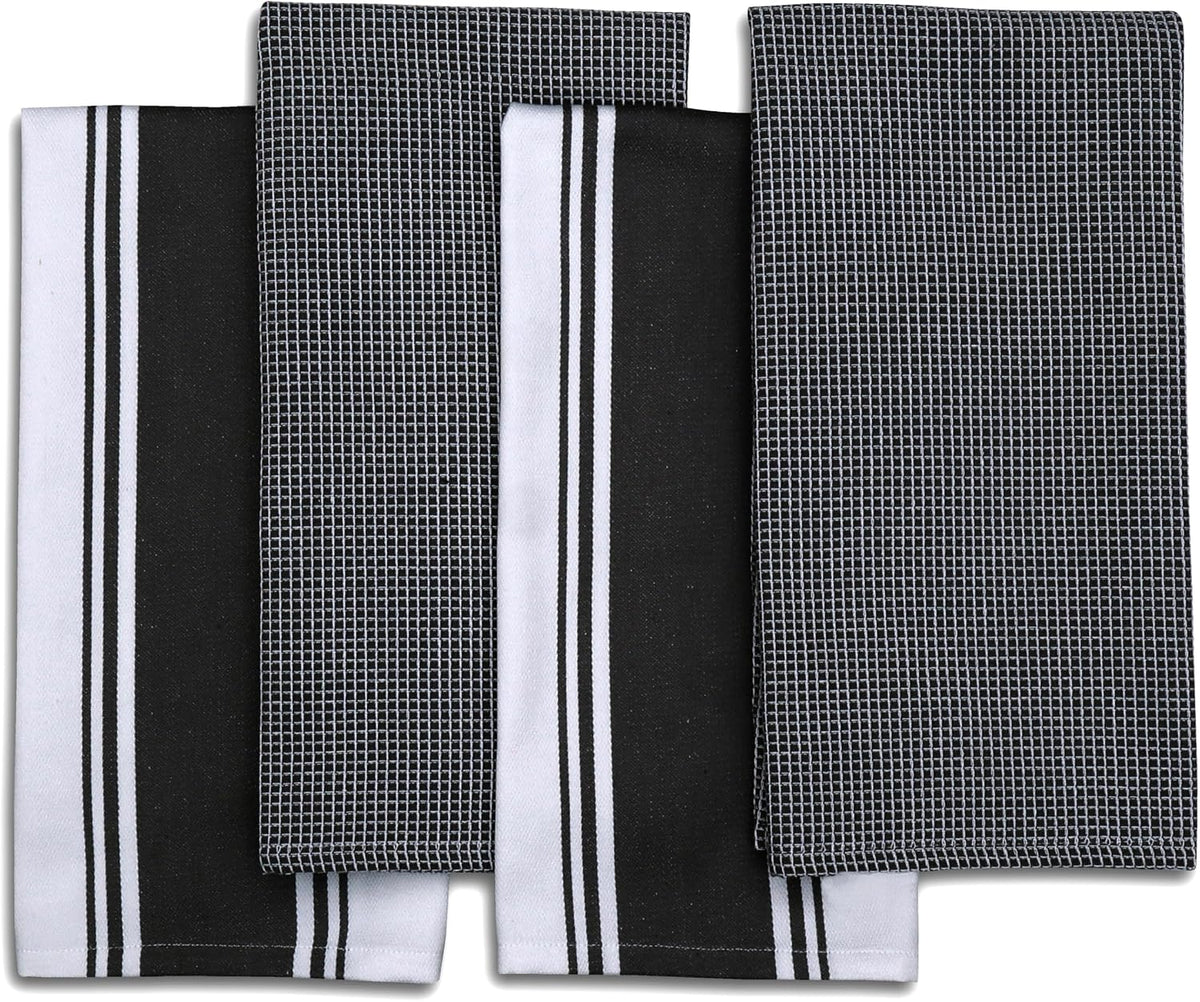 Cotton Kitchen Towels - Set of 4 Highly Absorbent, Ultra Soft Waffle Weave Tea Towel with Hanging Loop - 20X28 Inch Quick Drying Dish Cloths for Cleaning (Black)