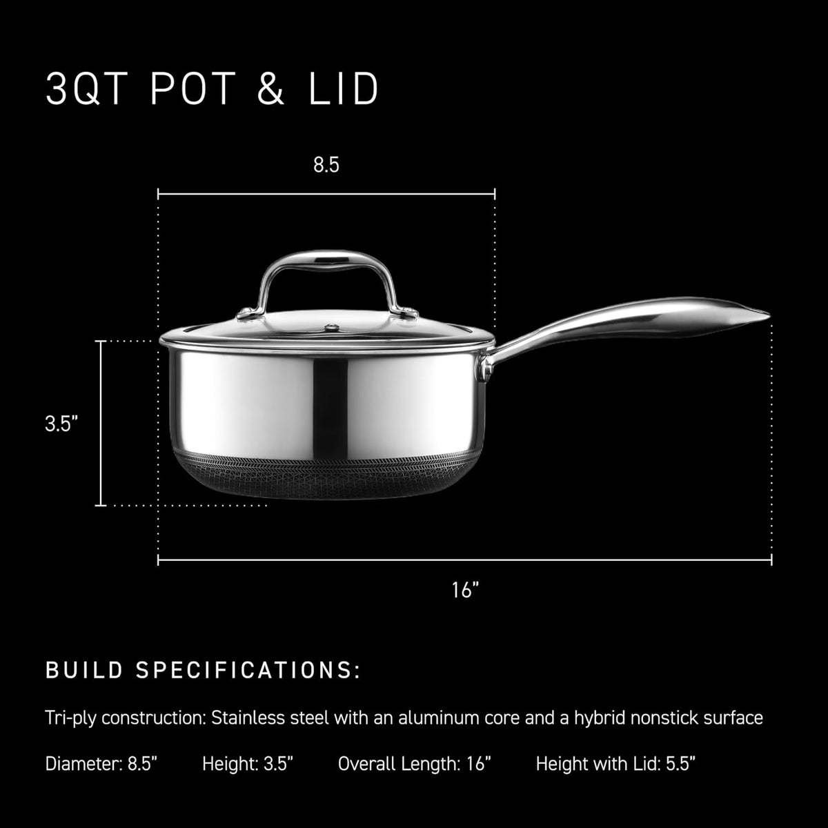 Hexclad 3QT Hybrid Nonstick Saucier with Lid, Induction Ready