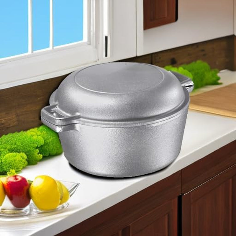 3-In-1 Triple Dutch Oven Multi-Cooker Double Dutch Pre-Seasoned Cast Iron Dutch Oven Set with Reversible Grill Pan Lid, 5 Quart Combo Cooker Deep Skillet and Griddle Pan, Heavy Duty Non-Stick Pot for Baking, Grilling, Frying, Stovetop and Oven