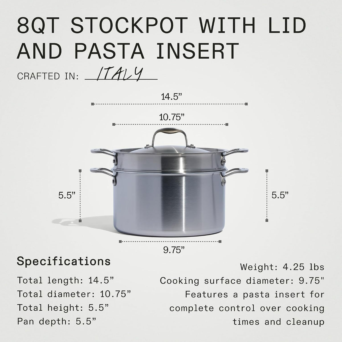 Made in Cookware - 8 Quart Stainless Steel Stock Pot with Lid and Pasta Insert - 5 Ply Stainless Clad - Professional Cookware - Crafted in Italy - Induction Compatible