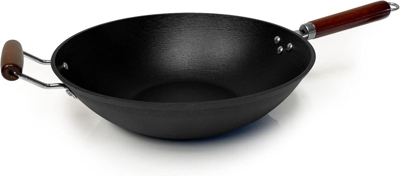 Pre-Seasoned Cast Iron Wok with Wood Handle, 14 in